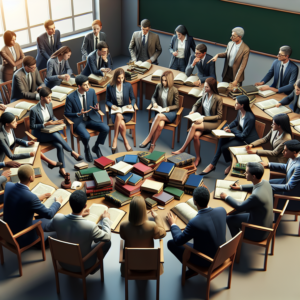 A diverse group of students engaged in a lively discussion about law education, surrounded by books and legal documents, in a bright classroom setting
