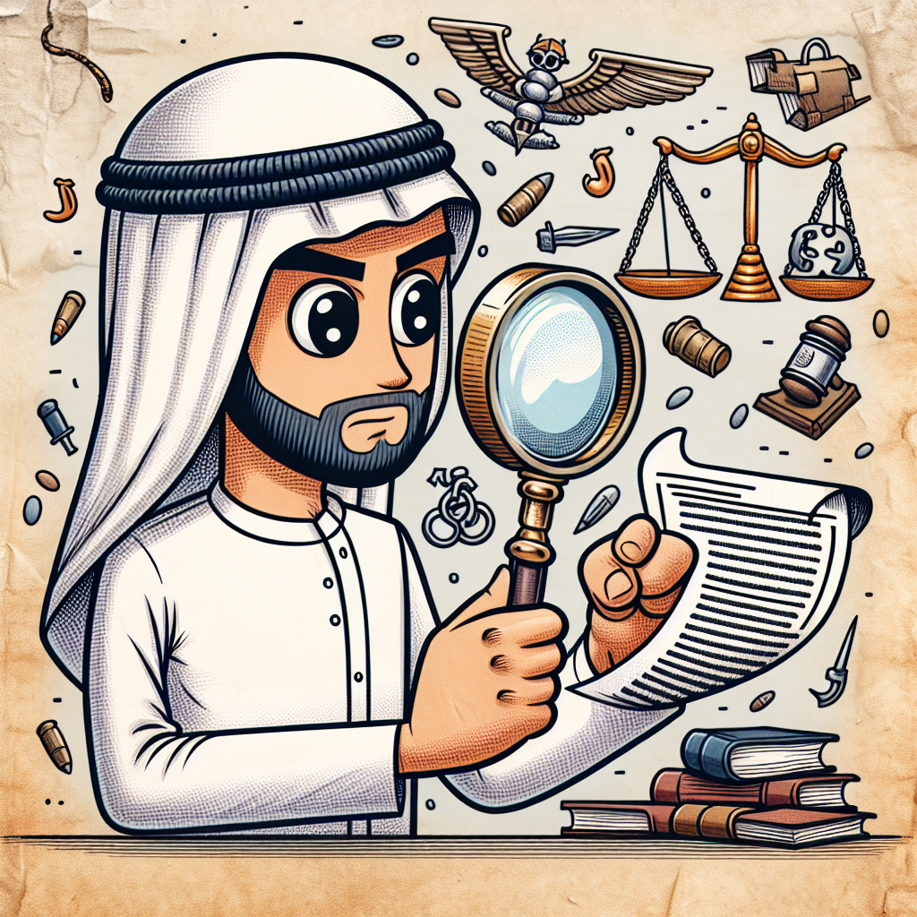 A cartoonish depiction of a person holding a magnifying glass over legal documents with various symbols like gavel, scales of justice, and books