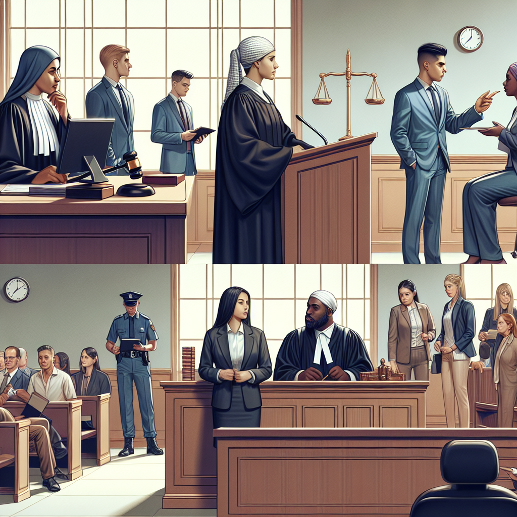 A courtroom scene showing both civil and criminal procedures with diverse people interacting with lawyers and judges