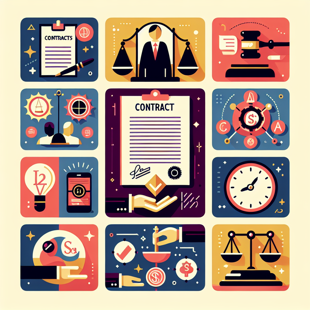 A vibrant illustration showing various aspects of business law such as contracts, corporate governance, intellectual property symbols, and employment regulations