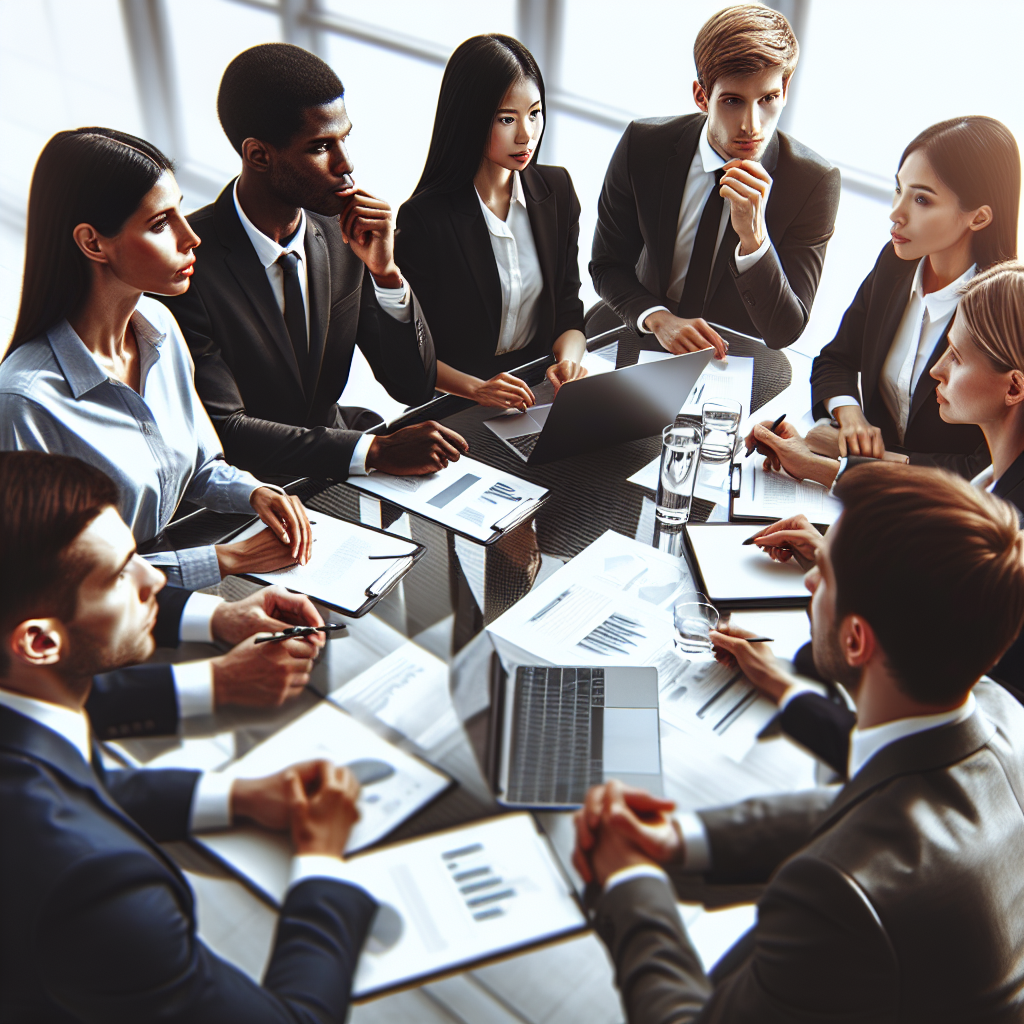 A group of diverse business professionals discussing contracts around a table with documents and laptops