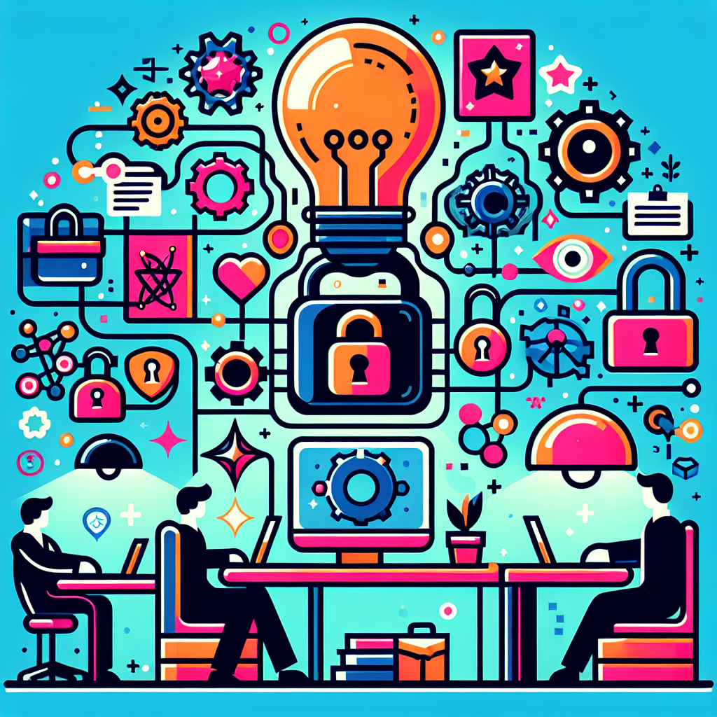 A creative representation showing various forms of intellectual property like trademarks, patents, and trade secrets surrounding a startup office