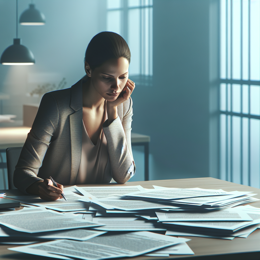 A modern office environment with a distressed startup owner reviewing financial documents related to bankruptcy and corporate finance regulations