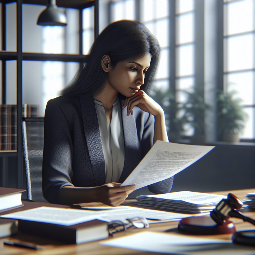 A thoughtful person looking at legal documents in an office setting