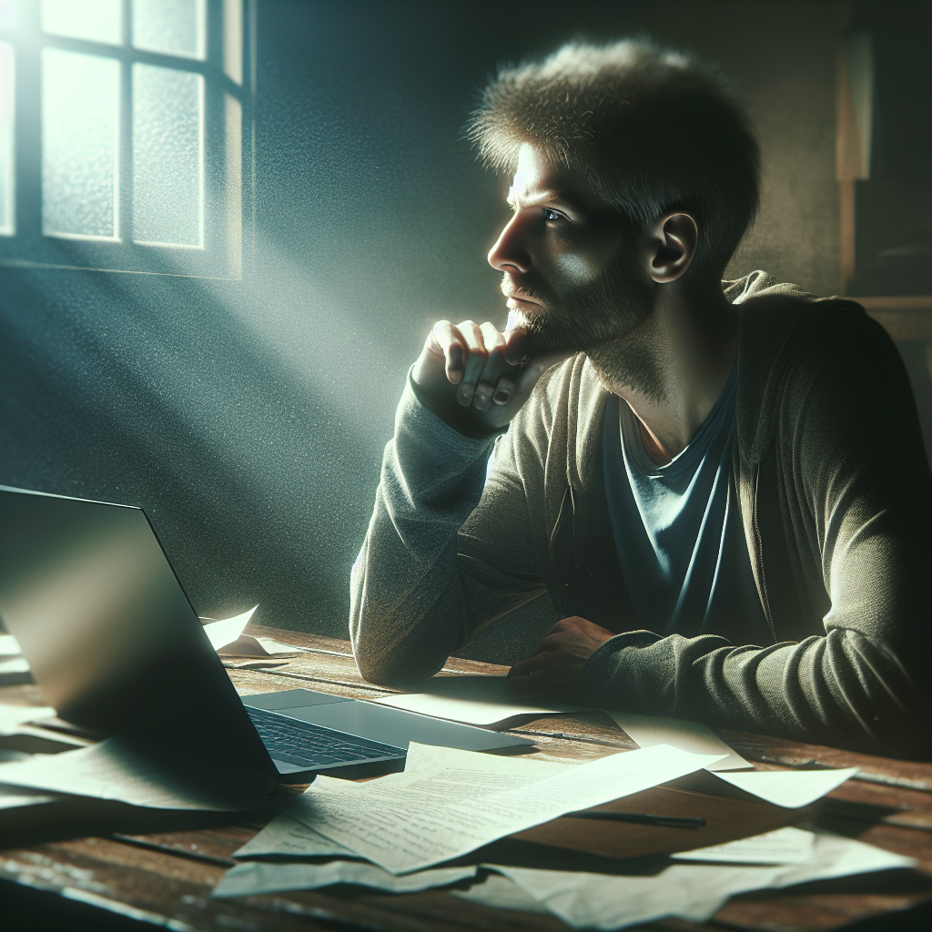 A thoughtful person sitting at a desk with papers and a laptop, contemplating their divorce options
