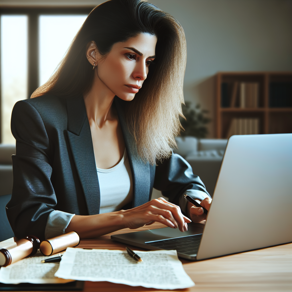 A person researching divorce attorneys online with a laptop and notes