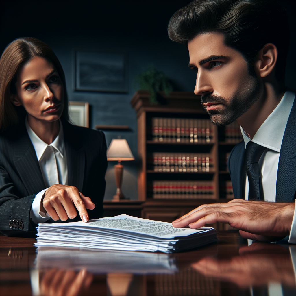 A professional meeting between a divorce attorney and client discussing legal documents