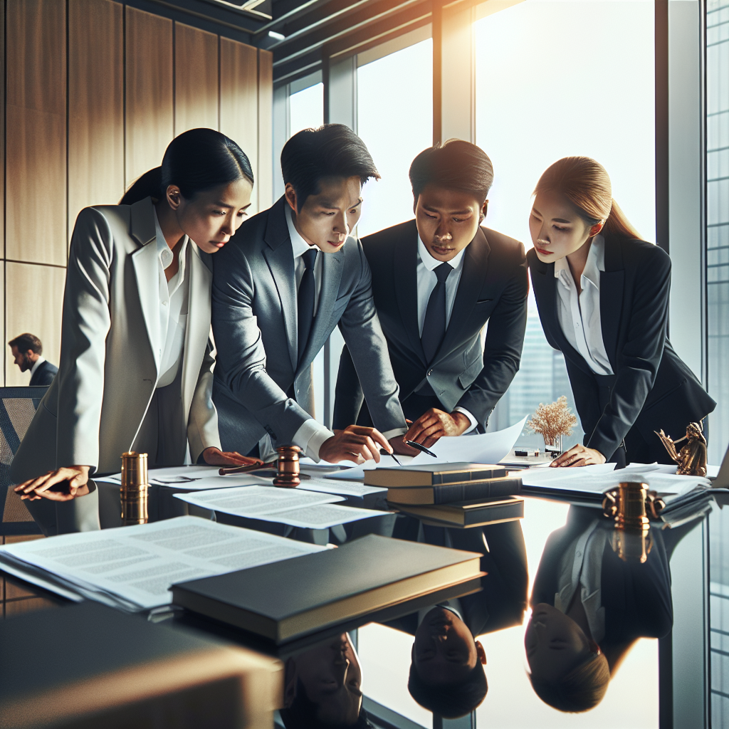 A diverse group of professionals discussing legal documents in a modern office setting
