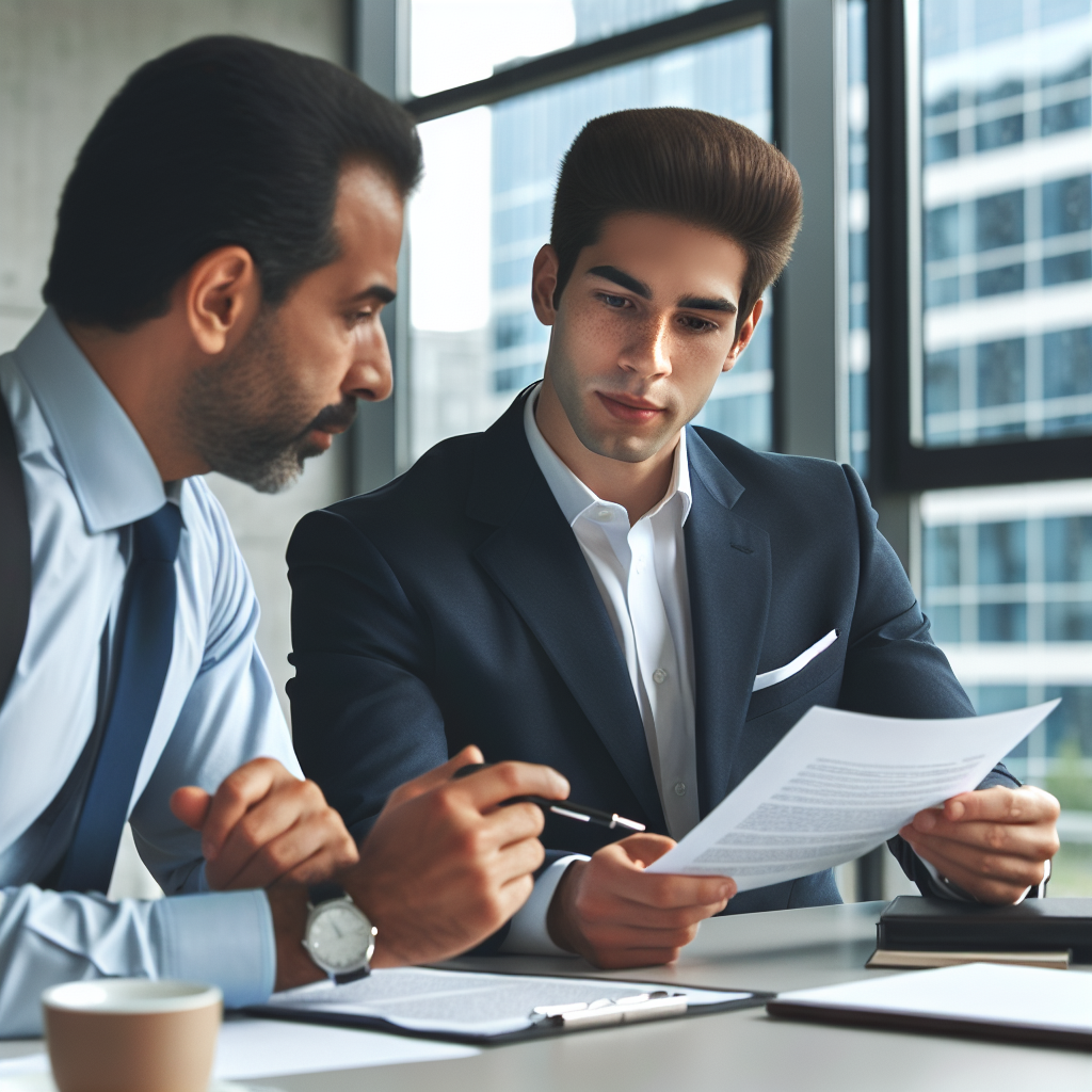 A professional corporate lawyer in an office setting reviewing contracts with a client