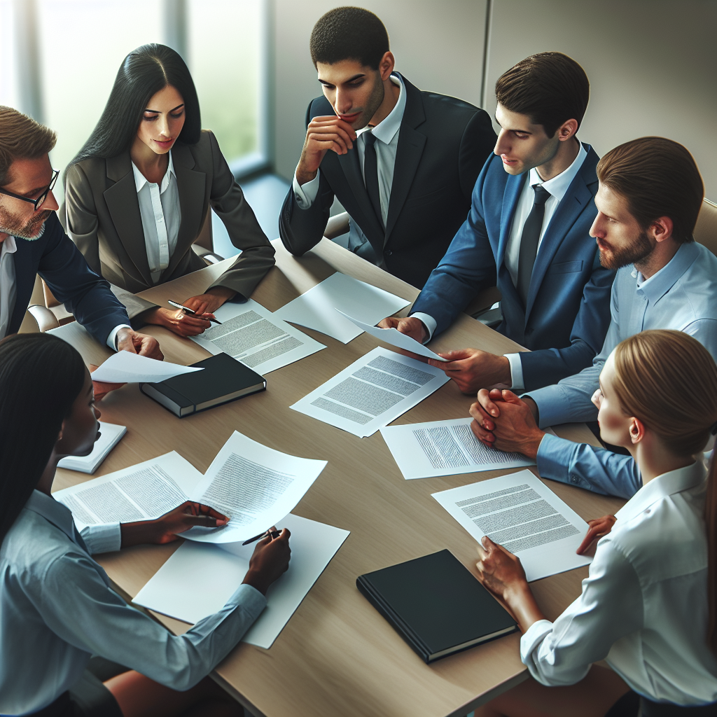A professional setting with diverse business people discussing legal matters over documents