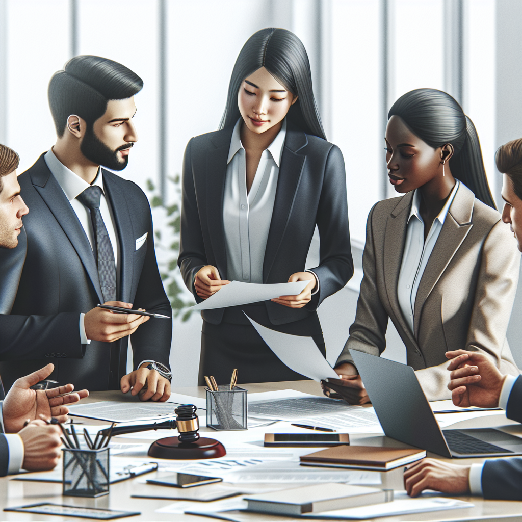 A diverse group of professionals discussing legal documents in an office setting, showcasing collaboration between a corporate lawyer and business owners