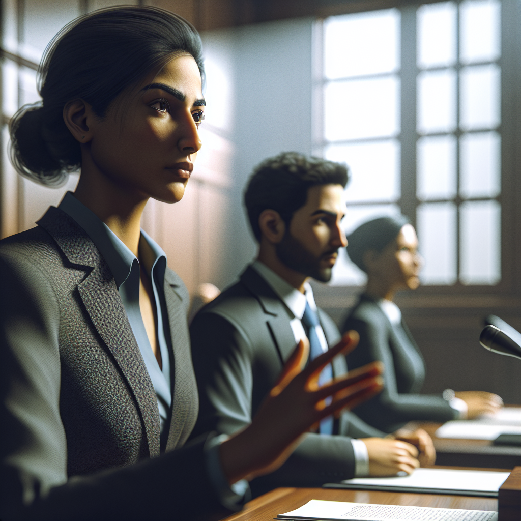 A courtroom scene depicting a tense moment during a trial with a focused defense attorney presenting evidence