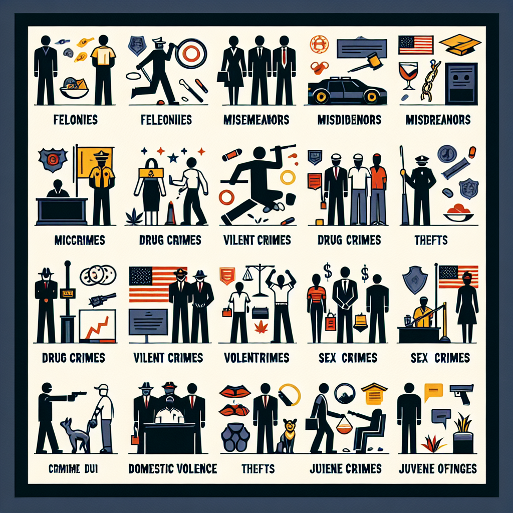 A visual representation of various types of criminal charges including felonies, misdemeanors, DUI, drug crimes, violent crimes, white collar crimes, thefts, domestic violence cases, sex crimes, juvenile offenses