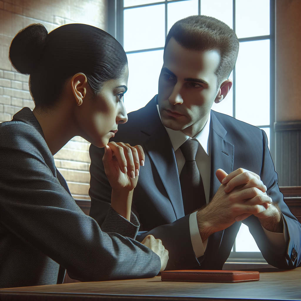 A courtroom scene showing a confident criminal defense lawyer discussing strategies with their client