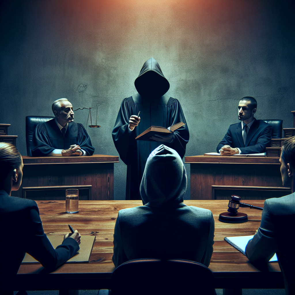 A courtroom scene showing a judge, lawyers presenting their cases, and a jury listening intently