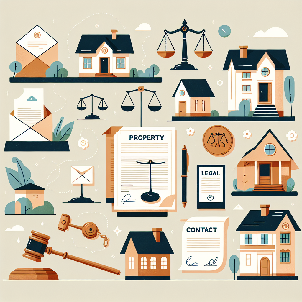 A whimsical illustration depicting various aspects of property law including houses, contracts, scales of justice, and a gavel