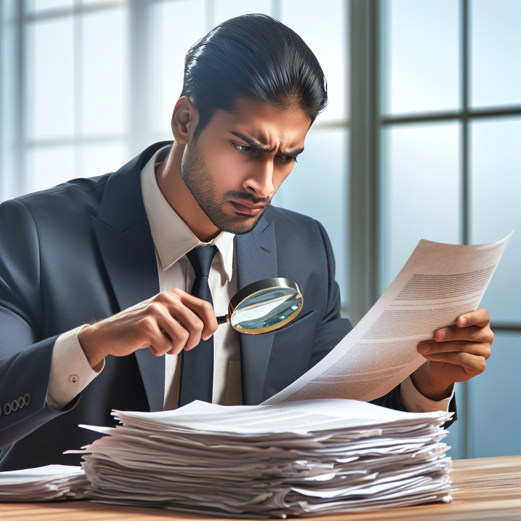 A person reviewing real estate contracts with a magnifying glass