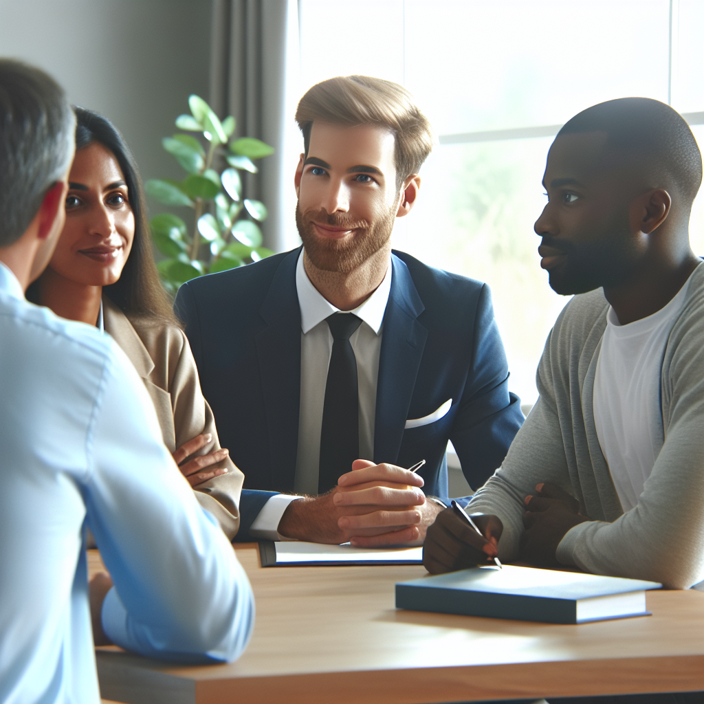 A friendly mediator discussing property dispute resolution with two homeowners in a comfortable office setting