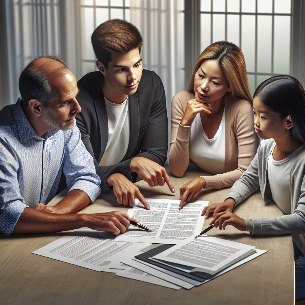 A family sitting together discussing estate planning with documents on the table
