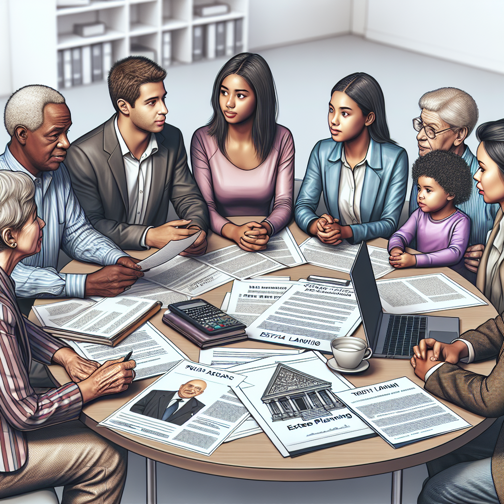 A family discussing estate planning at a table with documents and a laptop