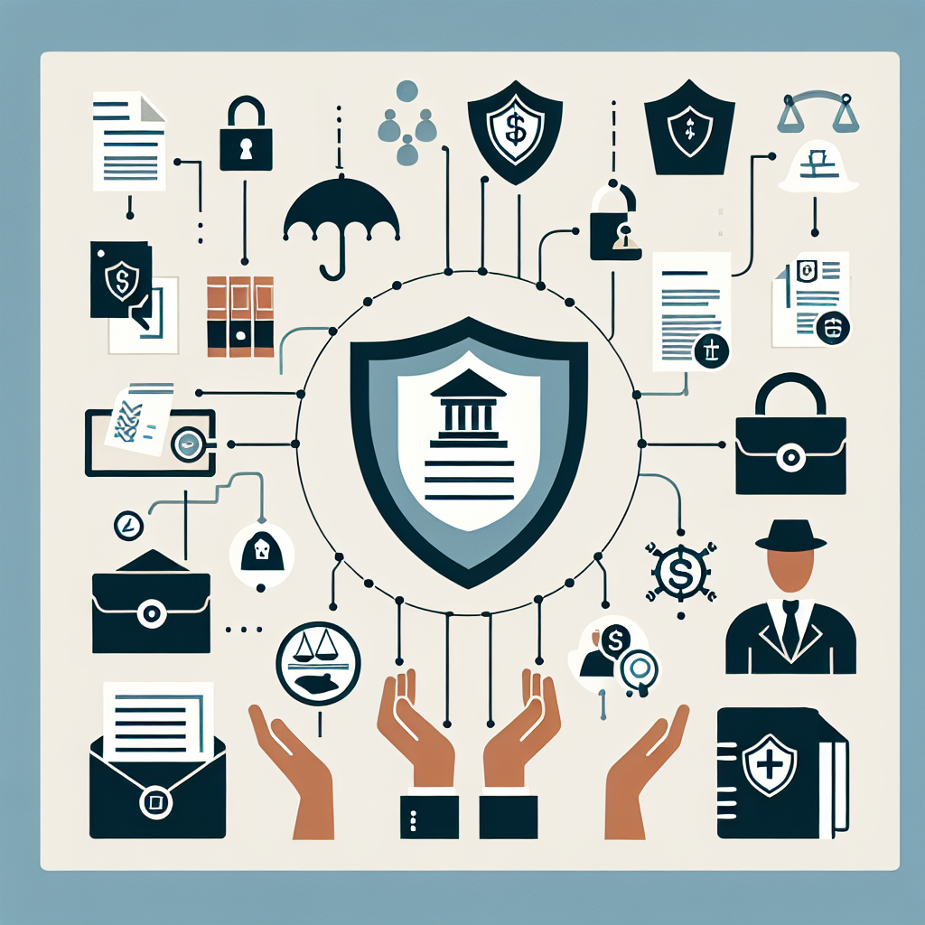 A visual representation of asset protection strategies in estate planning with icons representing trusts, legal documents, and safety nets