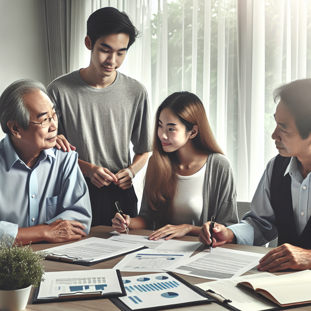 A family discussing estate planning around a table with documents and charts