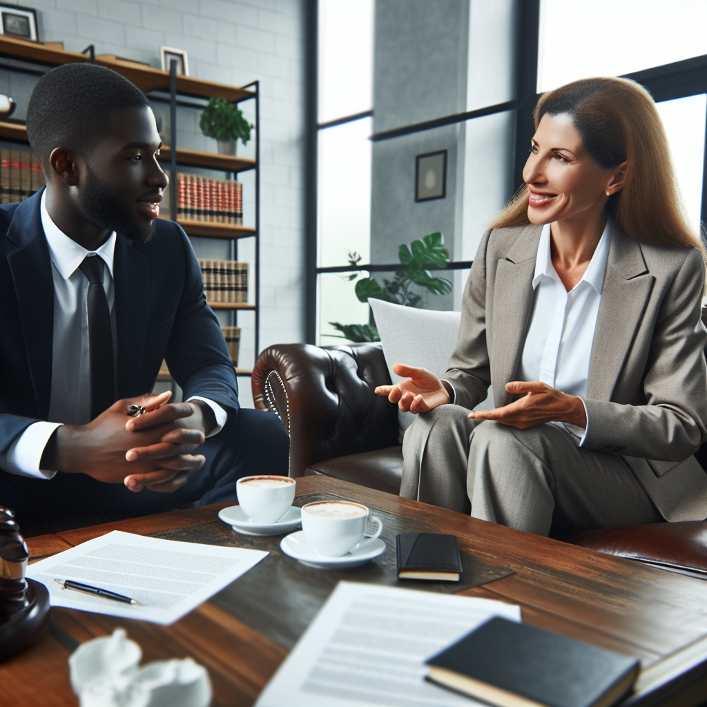 A friendly personal injury lawyer discussing cases with a client in an office setting