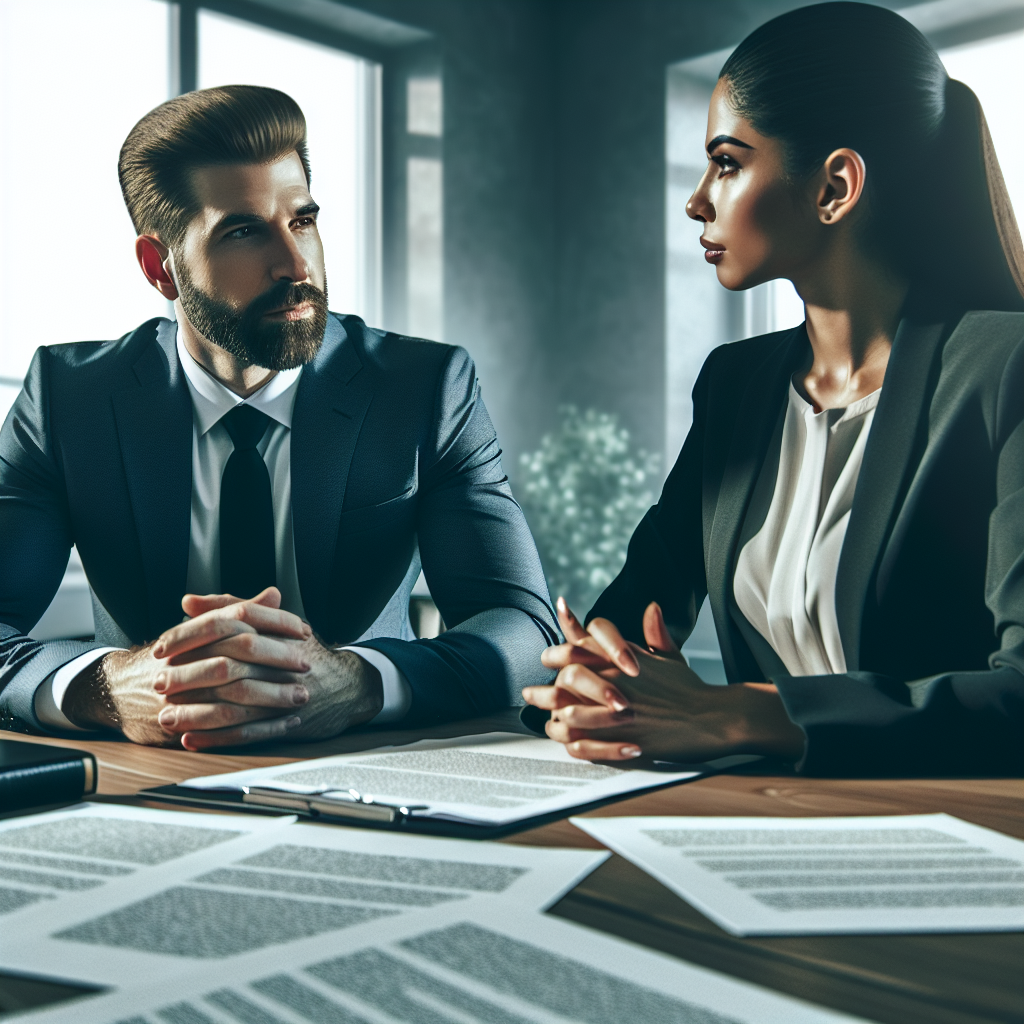 A confident person sitting across from a personal injury lawyer in an office setting, discussing documents