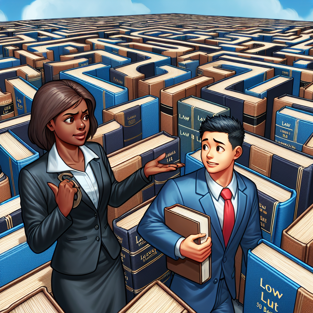 A person looking confused in a maze made of law books with a friendly lawyer guiding them out