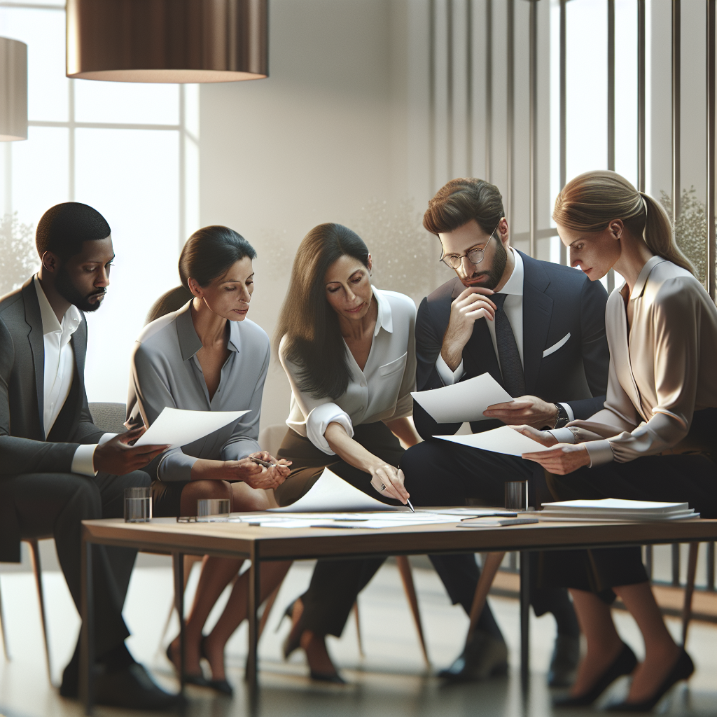 A group of diverse professionals discussing over documents in an office setting