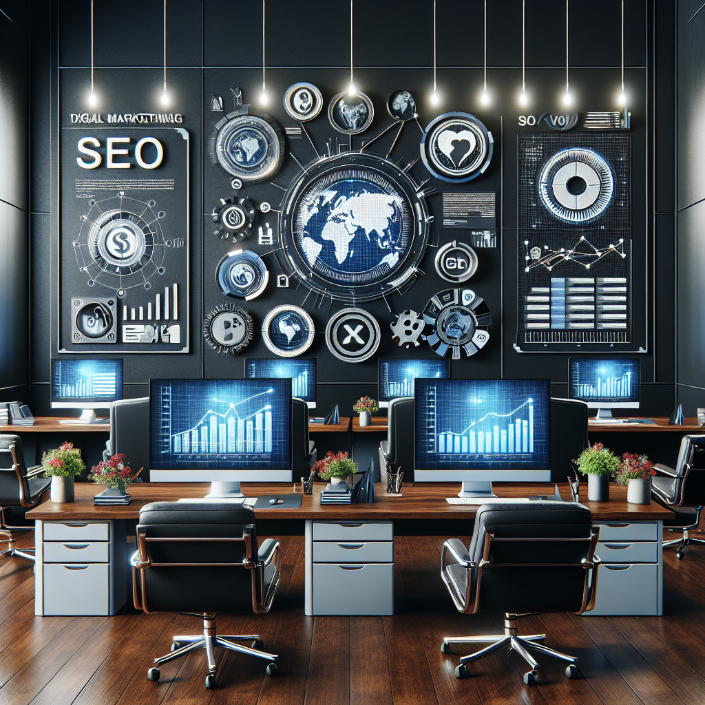 A modern law firm office with digital marketing elements like SEO graphs, social media icons, and content creation tools displayed on screens