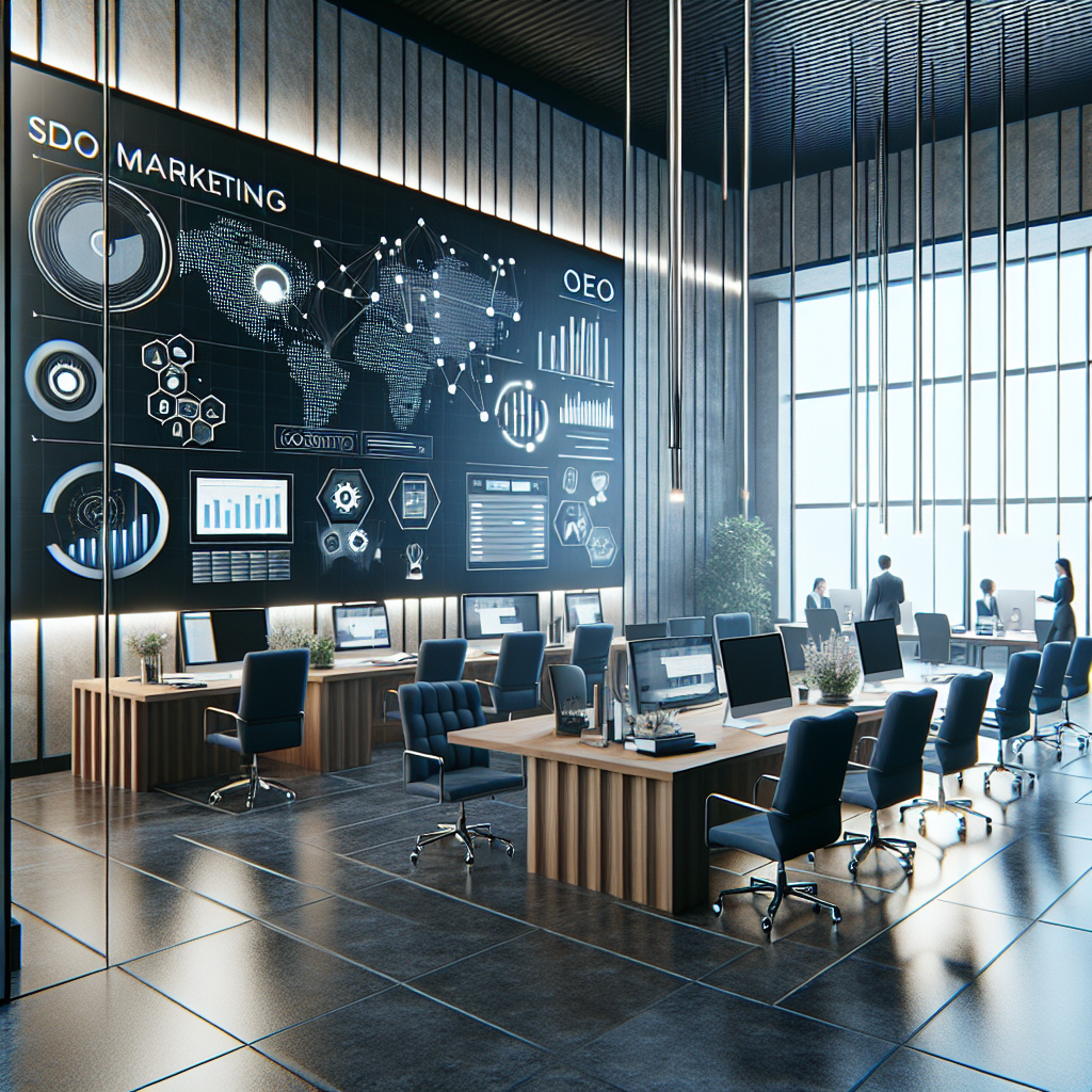 A modern law office with digital marketing elements like SEO graphs, social media icons, and content creation tools displayed on screens
