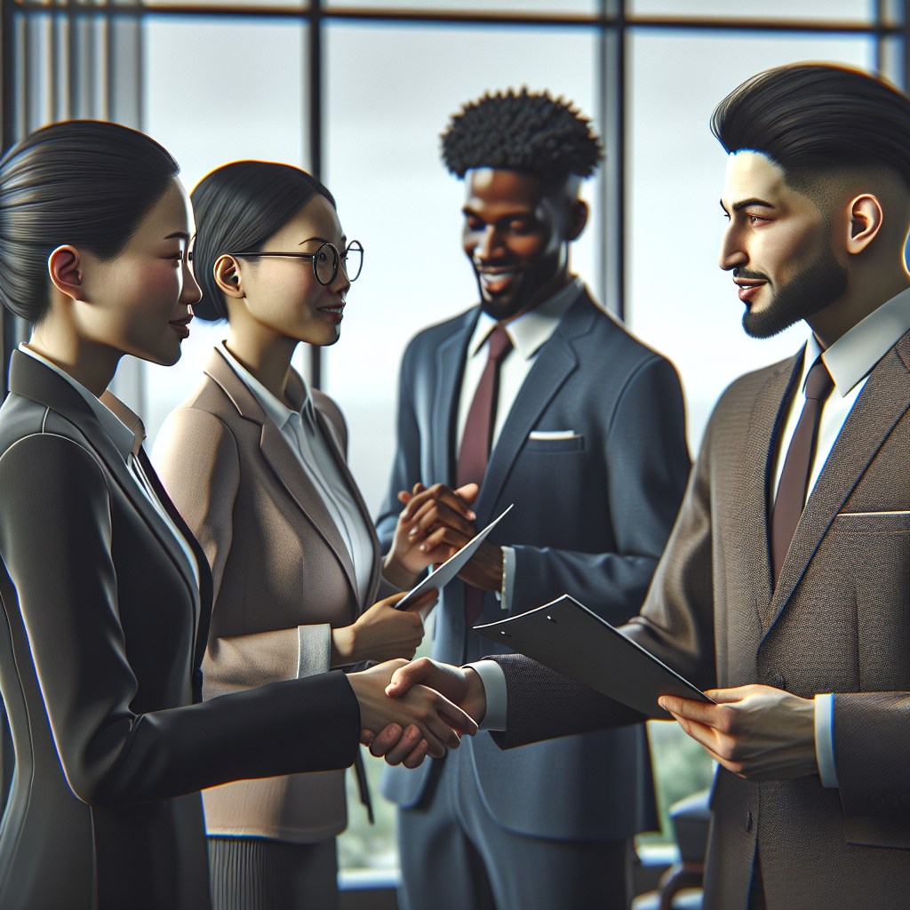 A diverse group of lawyers engaging with clients at a networking event