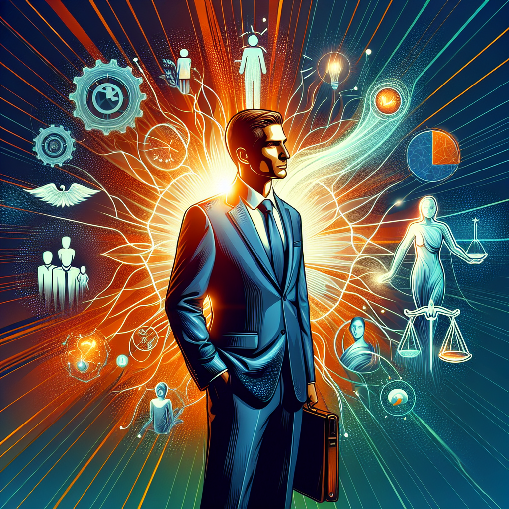 A confident lawyer standing at the forefront of their specialized practice area, surrounded by symbols representing family law, personal injury, and business litigation; bright colors, professional attire