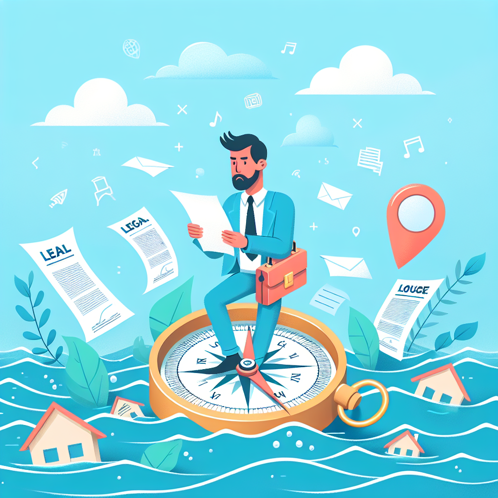 A whimsical illustration depicting a first-time homebuyer navigating through an ocean filled with legal documents and house icons, symbolizing real estate law basics