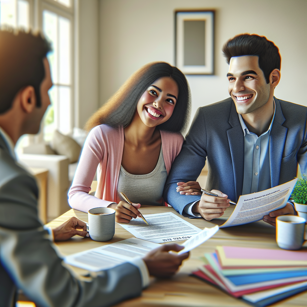 A cheerful young couple reviewing their real estate contract at a table with a real estate agent, colorful papers and coffee cups around