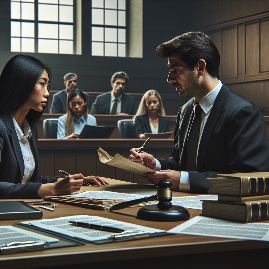 A courtroom scene focused on real estate litigation with lawyers discussing contracts and documents