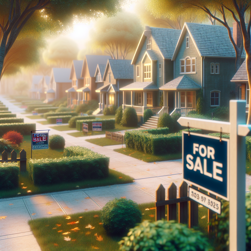 A serene suburban neighborhood with homes for sale signs in front yards and a subtle hint of autumn leaves falling