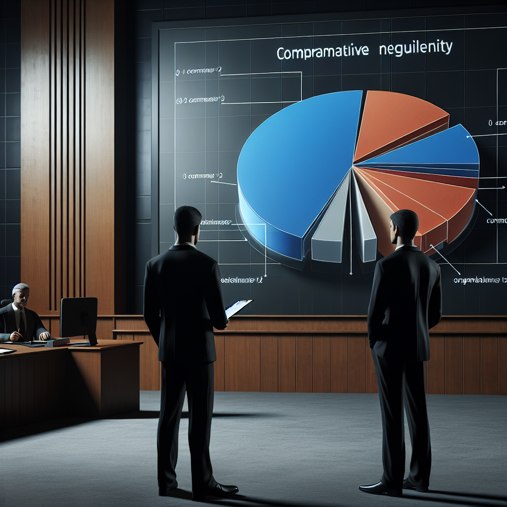 A courtroom scene with lawyers discussing comparative negligence, showing pie charts representing fault distribution