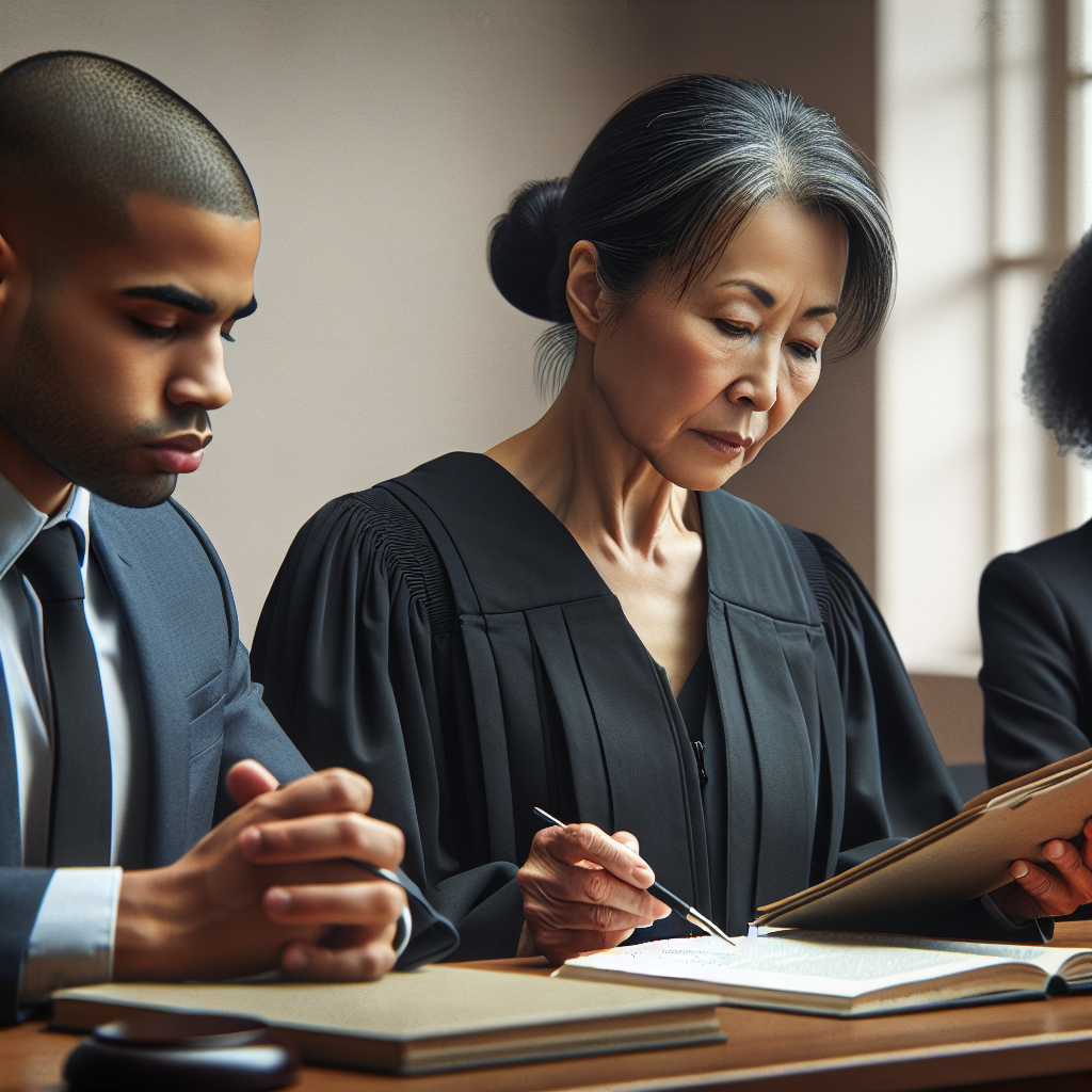 A courtroom scene depicting a judge determining fault in an accident case with lawyers presenting evidence