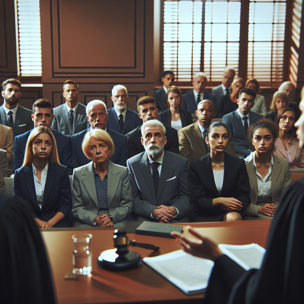 A courtroom scene depicting a judge and jury assessing evidence related to comparative negligence in an accident case