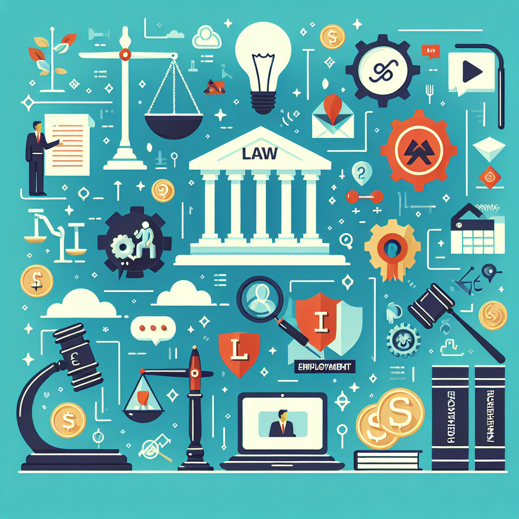 A colorful illustration representing various aspects of business law including corporate law, employment law, intellectual property, and commercial transactions