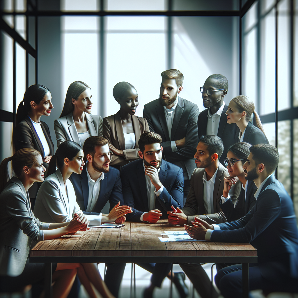 A diverse group of entrepreneurs discussing corporate structures in an office setting