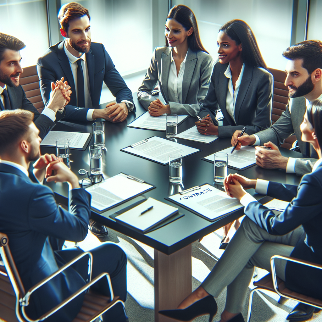 A business meeting with diverse professionals discussing contracts