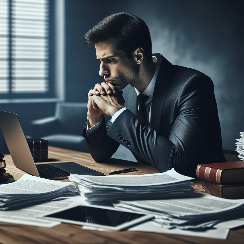 A thoughtful person sitting at a desk surrounded by legal documents and a laptop, contemplating their options for choosing a divorce lawyer