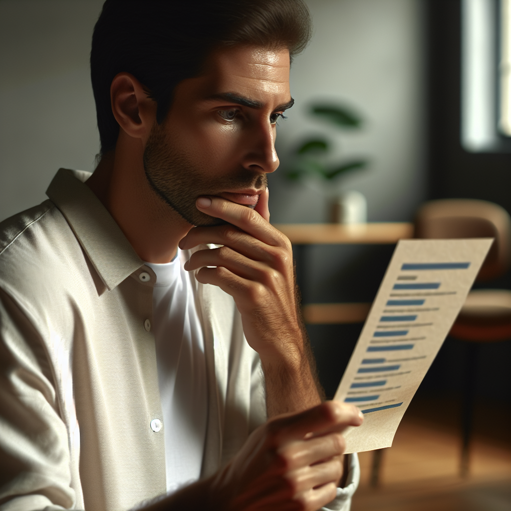 A person contemplating their options while looking at a list of different types of divorce lawyers in an office setting