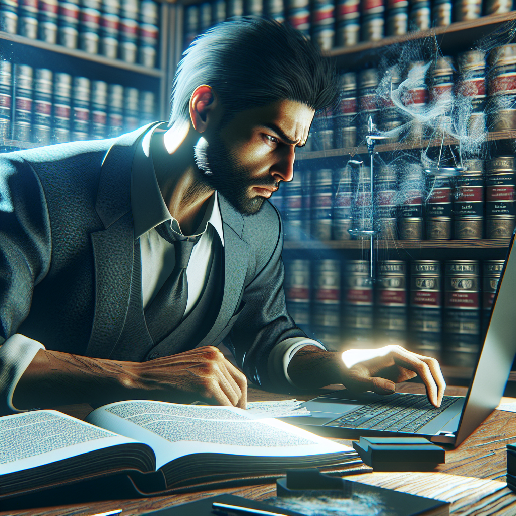 A person researching divorce lawyers online with a laptop, surrounded by legal books and documents