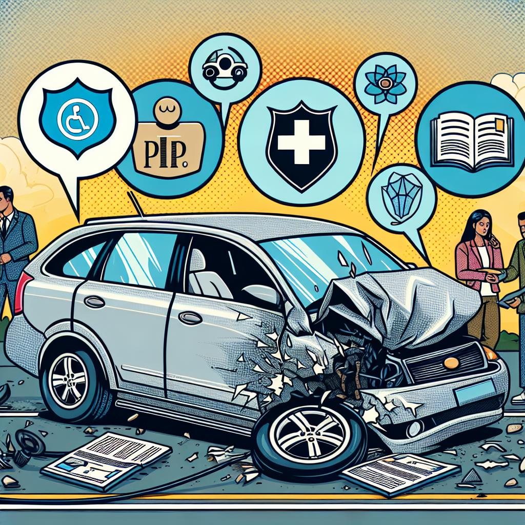 A cartoon-style illustration of a car accident scene with various insurance icons around it, symbolizing PIP coverage and personal injury protection