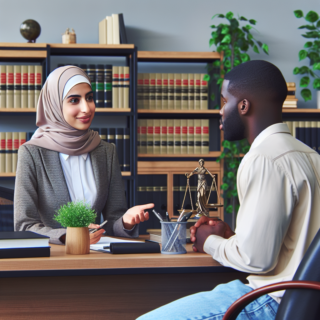 A friendly divorce lawyer discussing qualifications with a client in an office setting