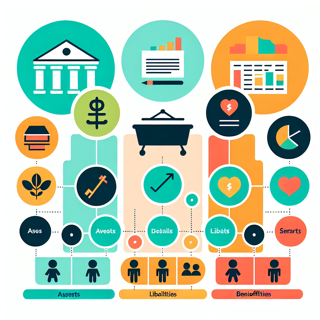 A colorful infographic depicting an estate planning spreadsheet with categories like assets, liabilities, beneficiaries; visually engaging with icons representing each category